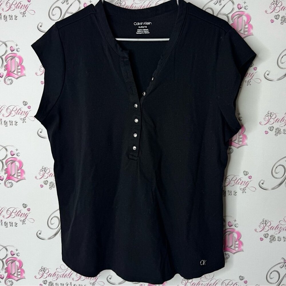 Calvin Klein Black Fitted Cap Sleeve Blouse button up logo emblem XL